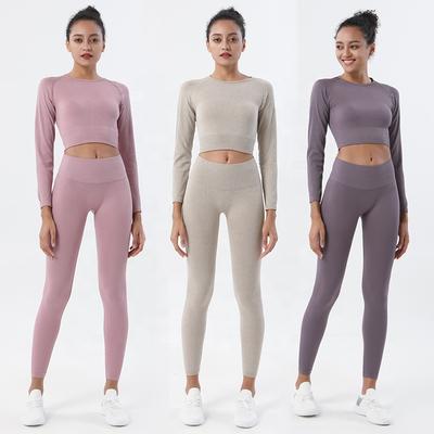 Women Sports Suit Seamless Yoga Workout Gym Set Push Up Seamless Leggings Long Sleeve Crop Tops Fitness Clothing