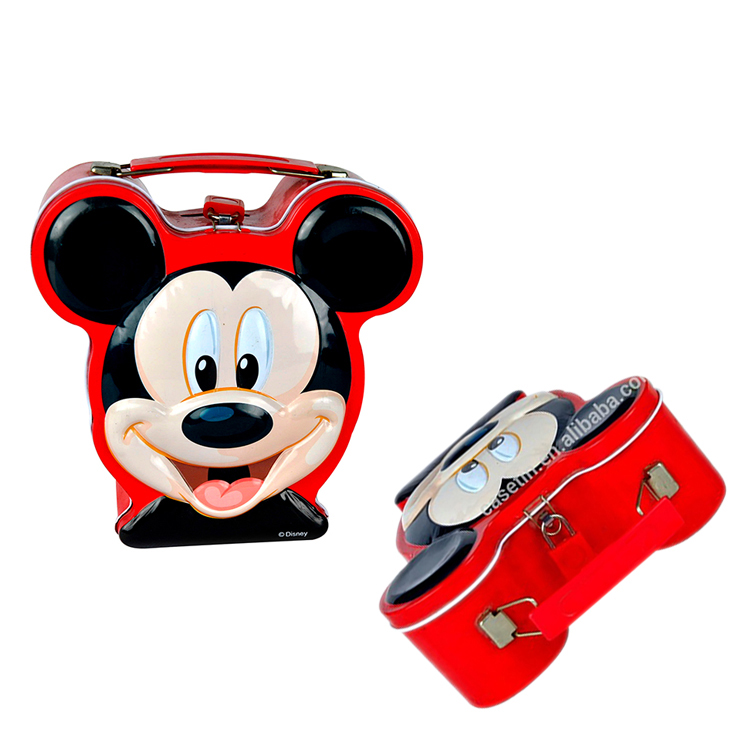 Factory price mickey mouse shaped custom piggy tin coin bank with lock money saving box with handle