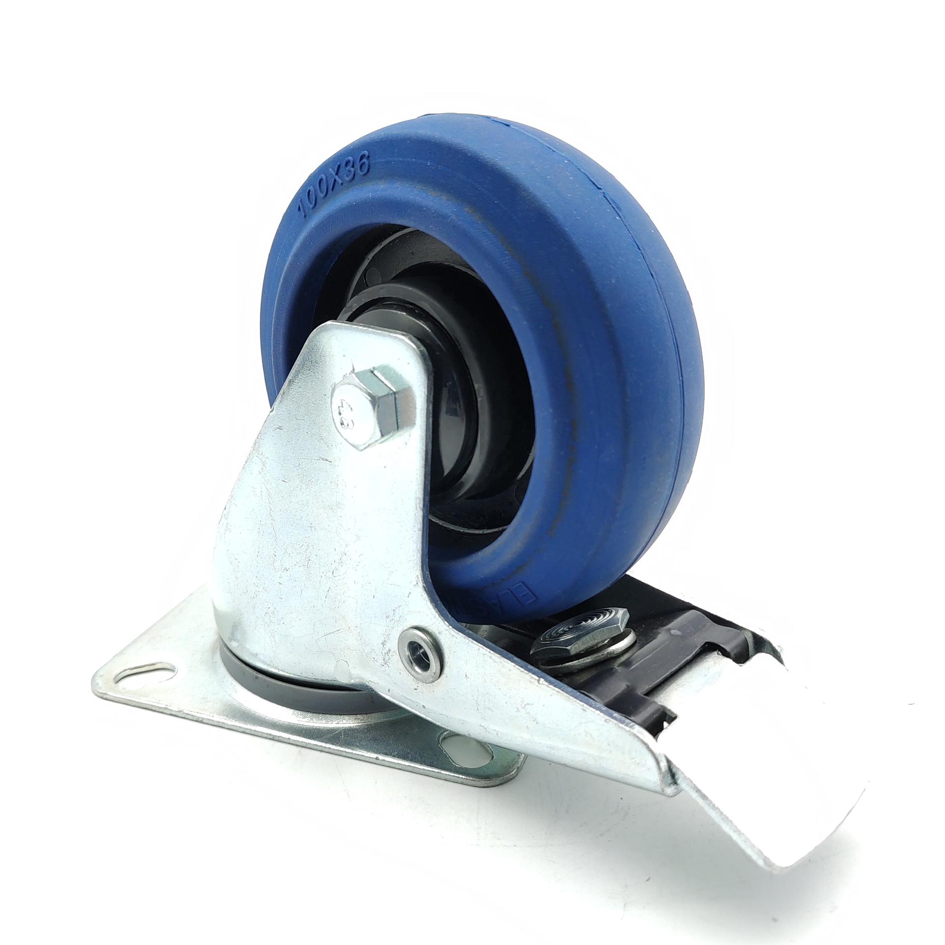 100mm 4 Inch Diameter European Mounting Dimension Nylon Hub Roller Bearing Elastic Blue Rubber Caster Wheel