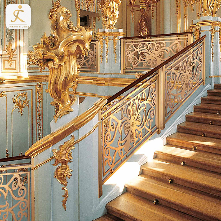 Polished Gold Interior Stainless Steel Stair Railing Systems Modern Metal Stair Banister Rails Handrails For Stairs Interior