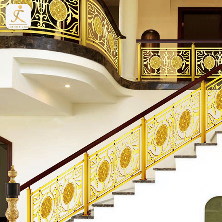 custom Chinese style villa inox brass color balcony railing stainless steel embossed golden balustrades handrails railing