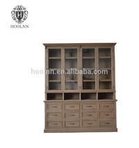 French Vintage Antique Style Lateral 12 Drawer Vertical Double Door Wooden Glass Display Filing Cabinet
