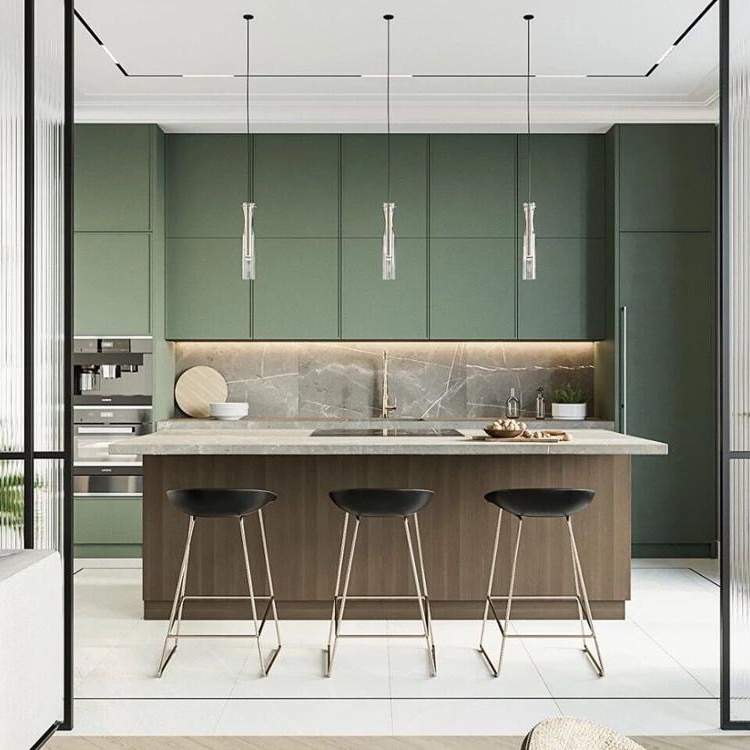 Green Colour Modular Melamine Kitchen Cabinets