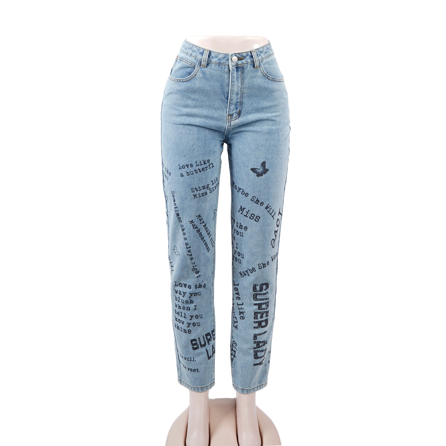 SKYKINGDOM new fashion women jeans light blue straight mid waisted printed letter denim jeans for lady