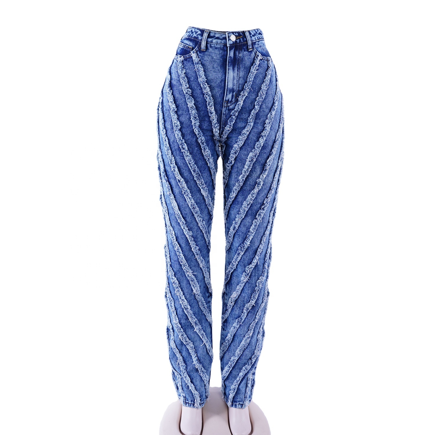 SKYKINGDOM special design wholesale women jeans blue high waisted tassel stripes bootcut jeans for women