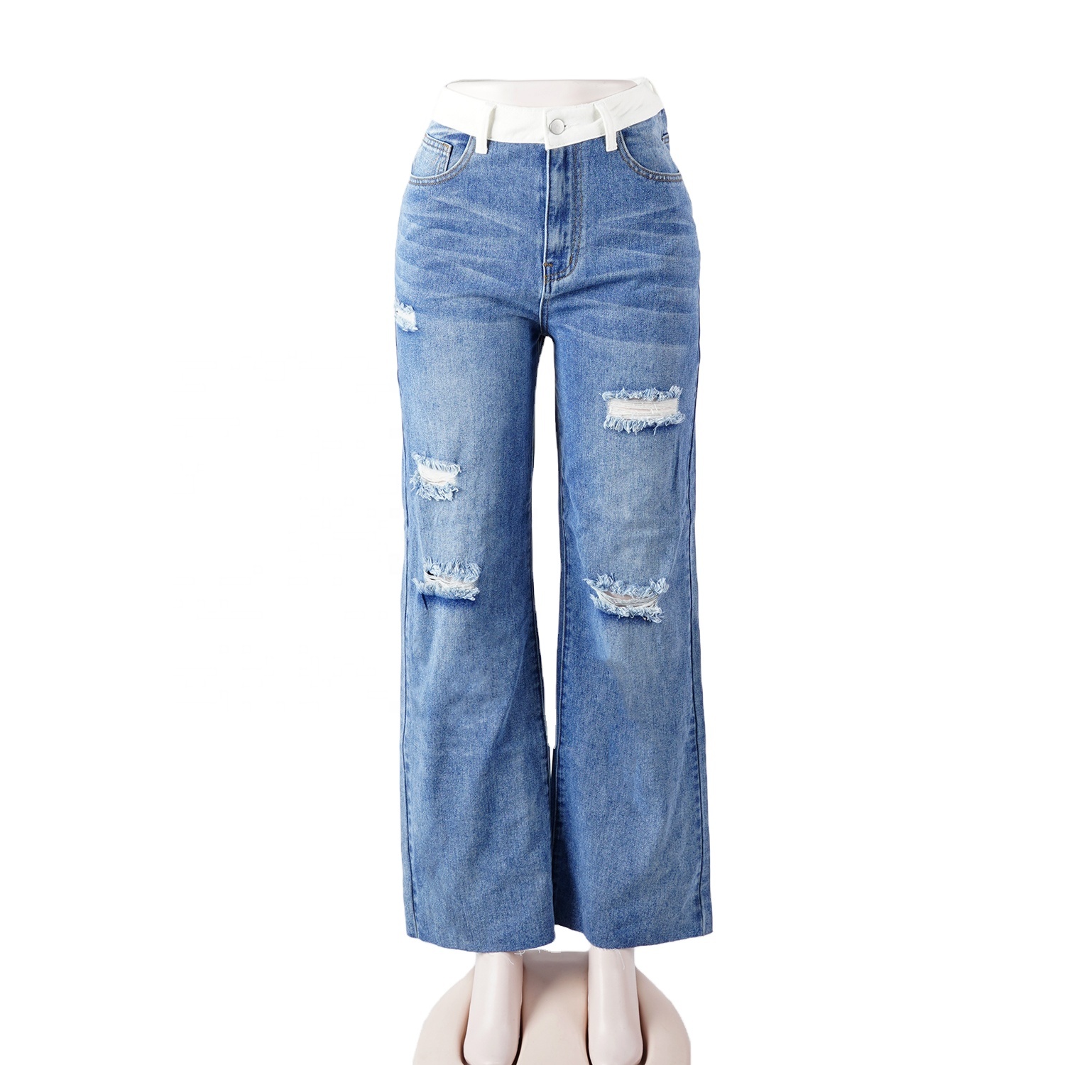 SKYKINGDOM American style design jeans loose fit pants ripped blue denim jeans for woman