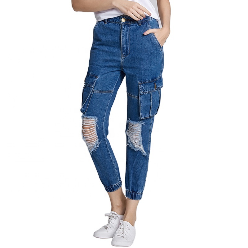 cheap factory price fashion ladies jeans ripped holes leg banded pockets jeans for women
