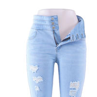 SKYKINGDOM wholesale price women jeans narrow feet full length light blue distressed jeans for women