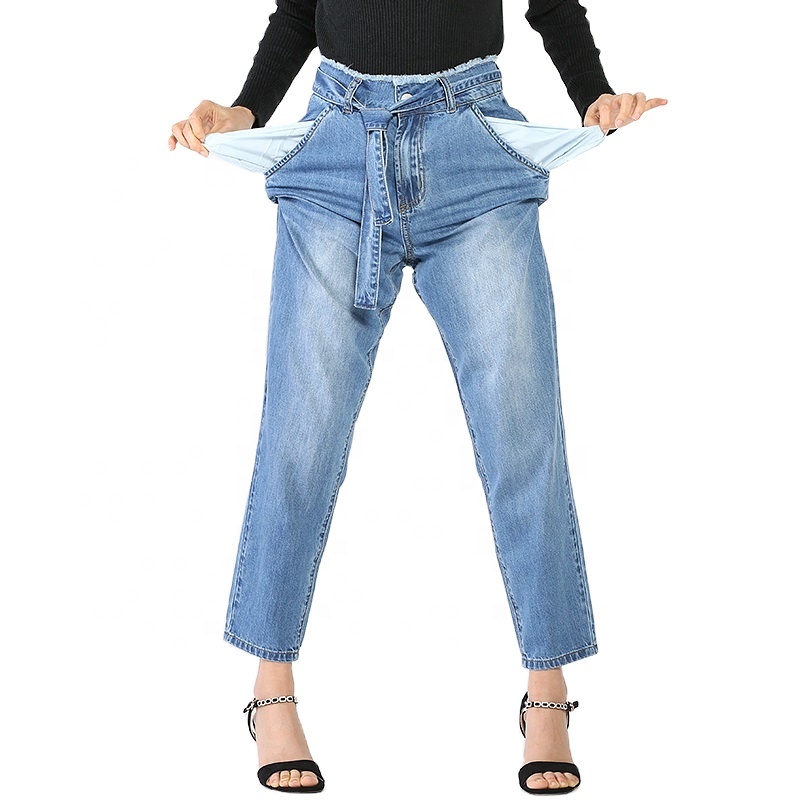 Ladies Personality Casual Cotton Straight Sashes Leisure Pants Jeans Denim Women