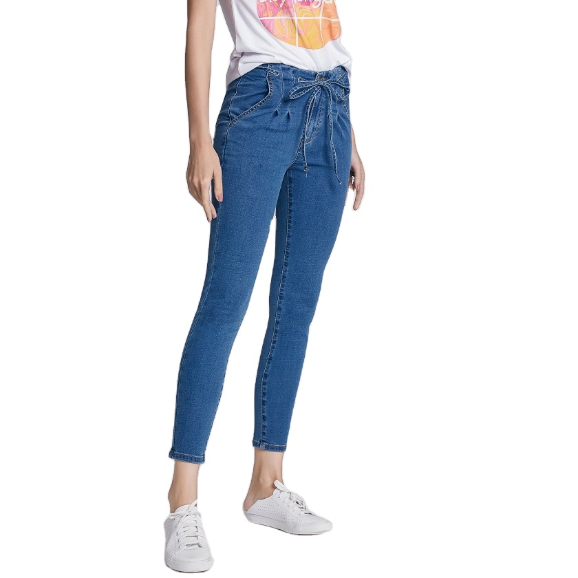 OEM design women jeans denim blue calf length drawstring high waist jeans for women