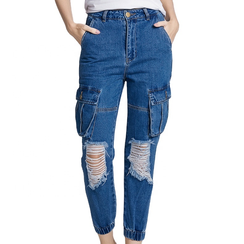 hot fashion high waist multi pockets ripped ankle banded jeans women
