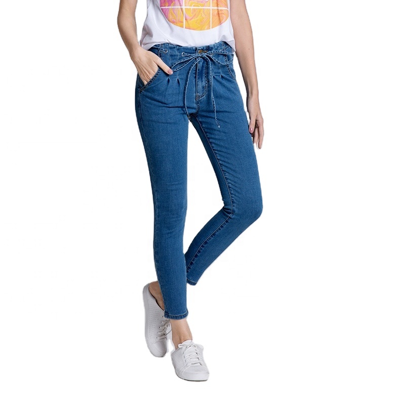 2020 hot sale high waist denim blue drawstring slim skinny women jeans