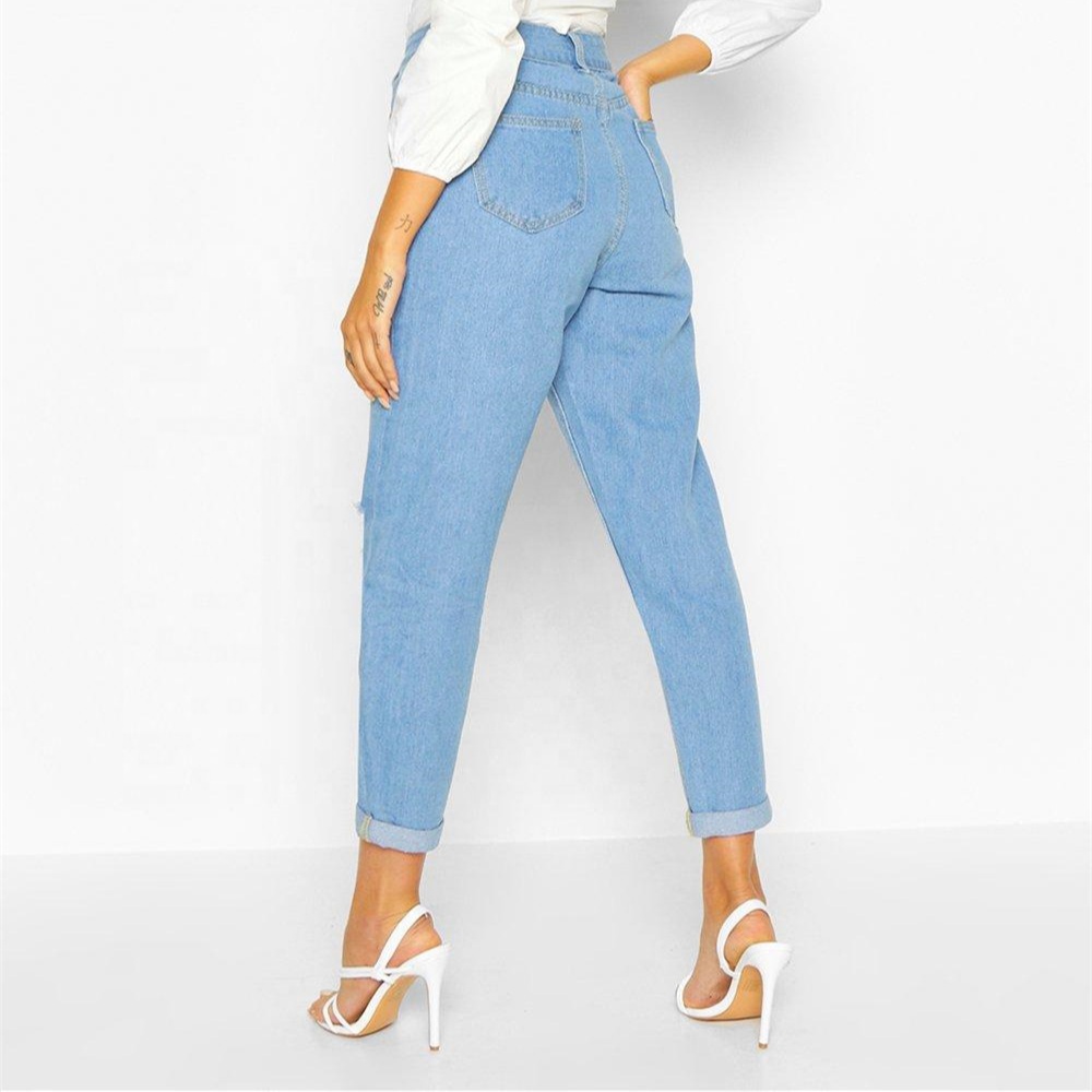 Well-designed Finely processed high waist light blue ripped jeans boyfriend jeans