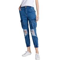 manufacturer custom distressed denim jeans multi pockets knee holes blue jeans women
