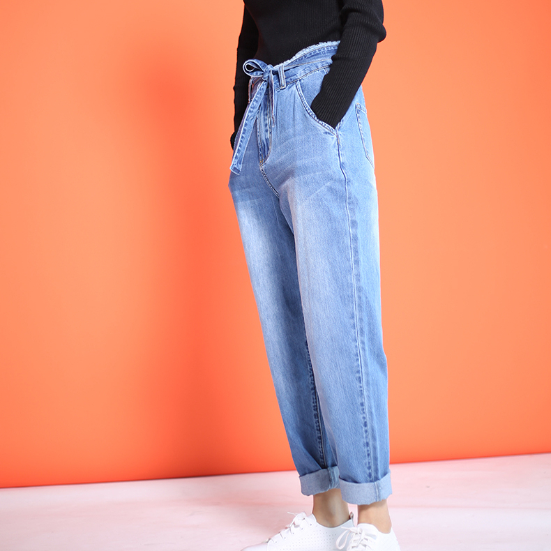 2020 new design street wear jeans denim blue straight jeans waist banded lace up women jeans
