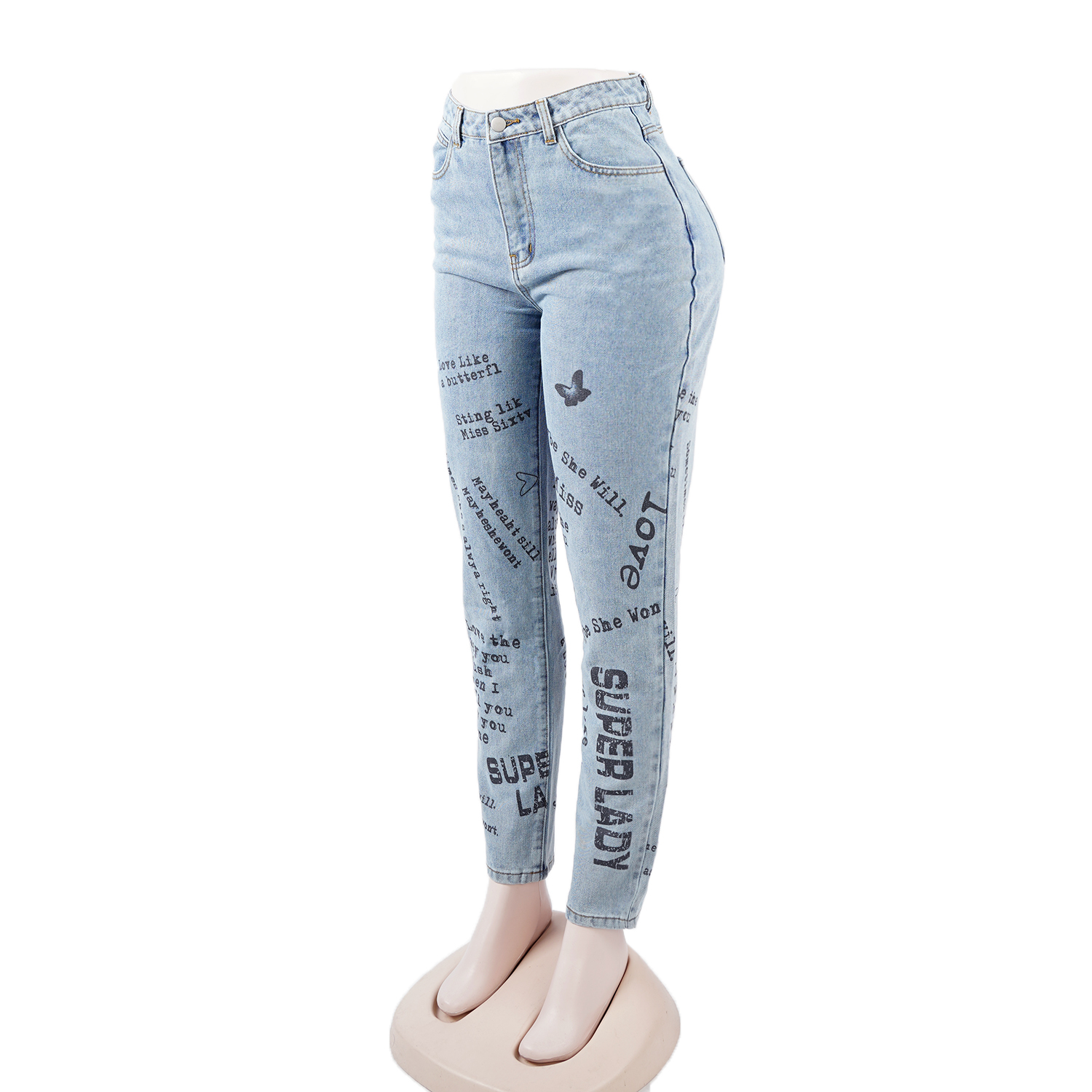 SKYKINGDOM OEM design women jeans factory wholesale lady pencil jeans light blue printed streetwear denim jeans