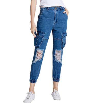 2020 amazon hot-sale ripped mid-blue wash pocket detail jogger jeans for women and girls