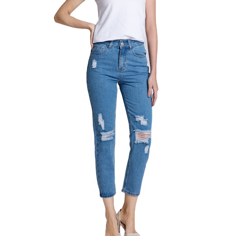 2020 fashion style high waist blue ripped skinny pencil women jeans