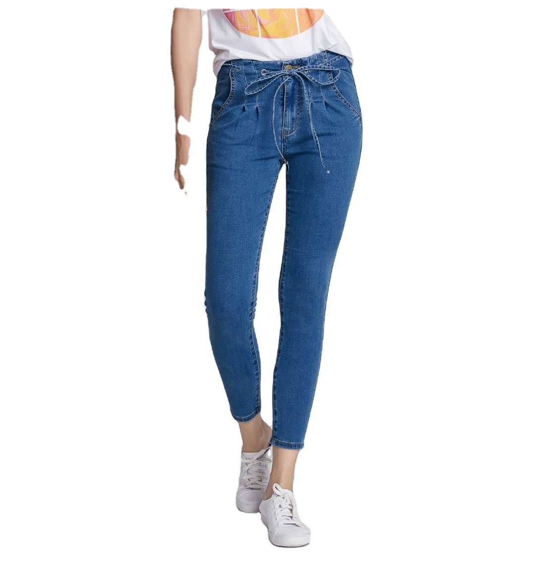2020 New Arrival Slim Skinny Sashes Edgy Comfortable Denimpencil pant Blue Women Jeans