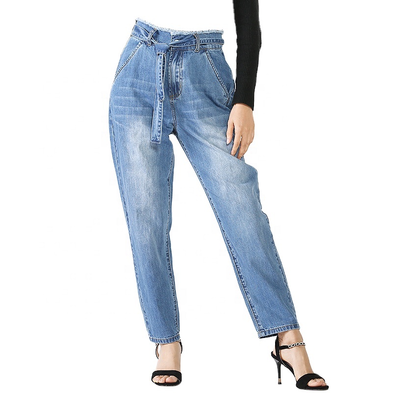 wholesale fashion casual 100 cotton high waist waistband blue women jeans