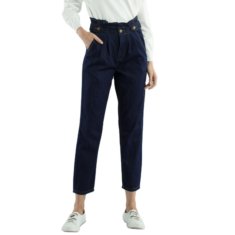 2020 hot sail pant cotton polyester Elastic waist dark blue straight high-waistwomen jeans