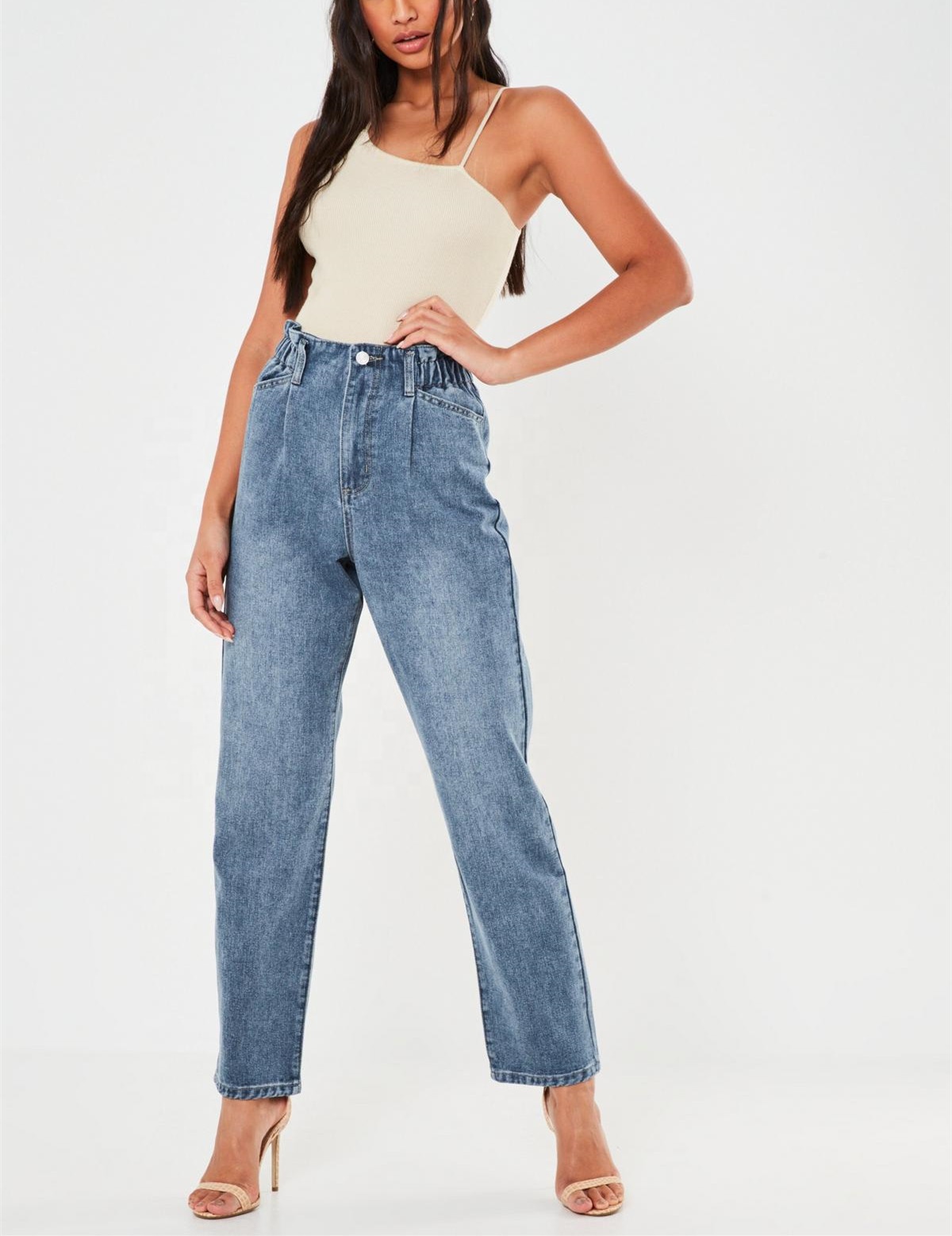 2020 wholesale cotton light blue elastic waist denim jeans for women