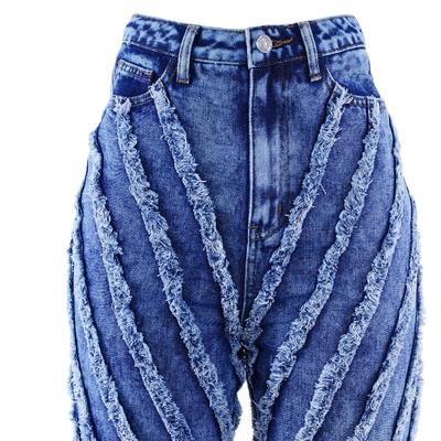 SKYKINGDOM women trousers jeans denim blue high rise tassel pleated stripes long jeans for women