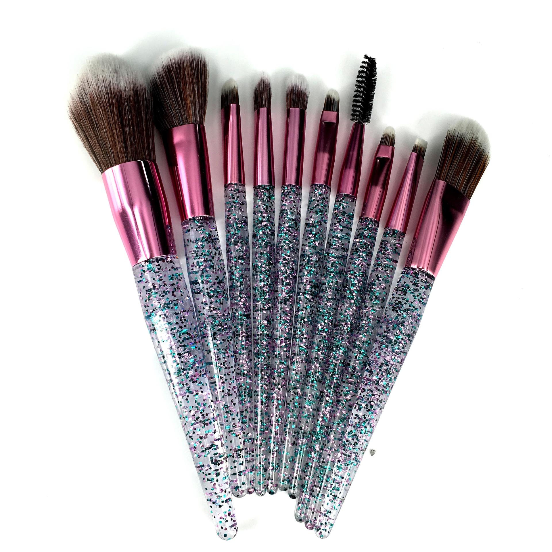 Pink packing Custom Logo Glitter crystal handle 10 pcs Wholesale Makeup Brush Set