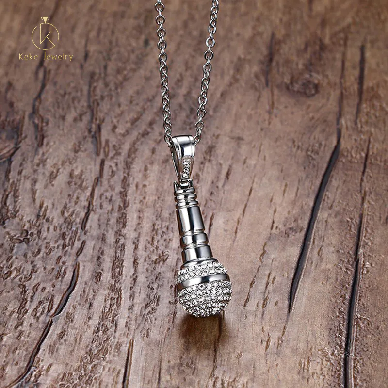 Men's pendant titanium steel jewelry with rhinestone microphone pendant golden men's necklace PN-729
