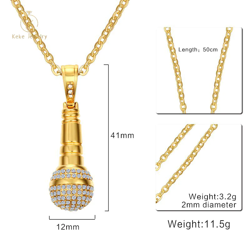 Men's pendant titanium steel jewelry with rhinestone microphone pendant golden men's necklace PN-729