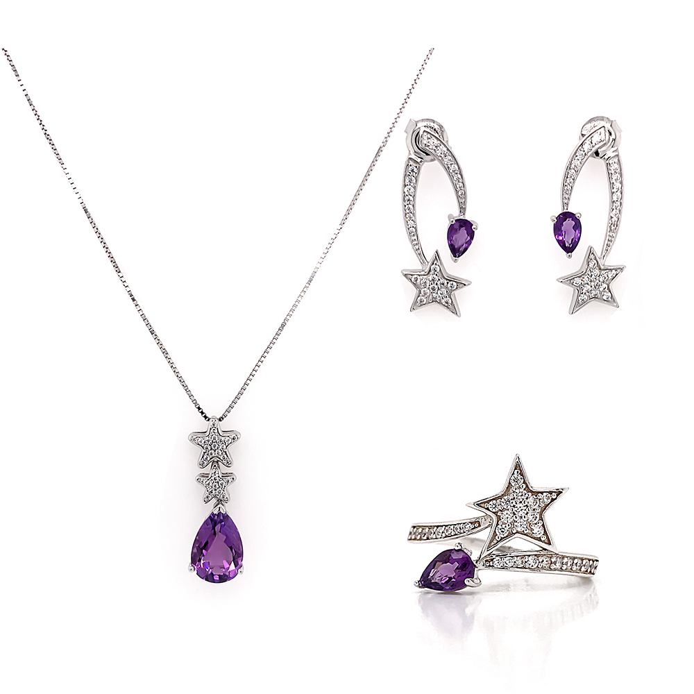 Purple Crystal 925 Silver Star Design Earrings, Necklace, Ring