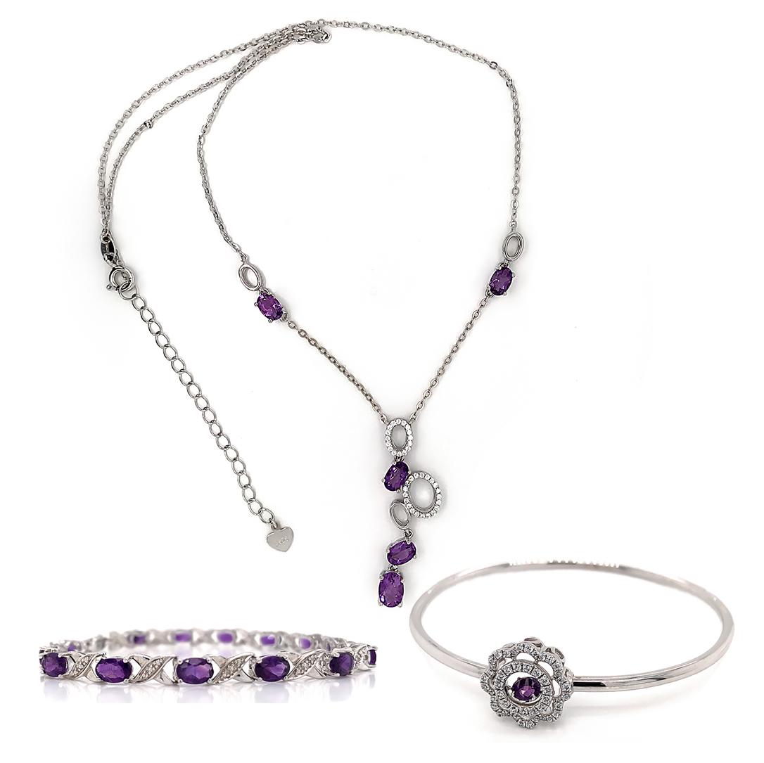 Geometric String Necklace, Flower Bangle, Amethyst Letter Bracelet, Beautiful Jewelry Set