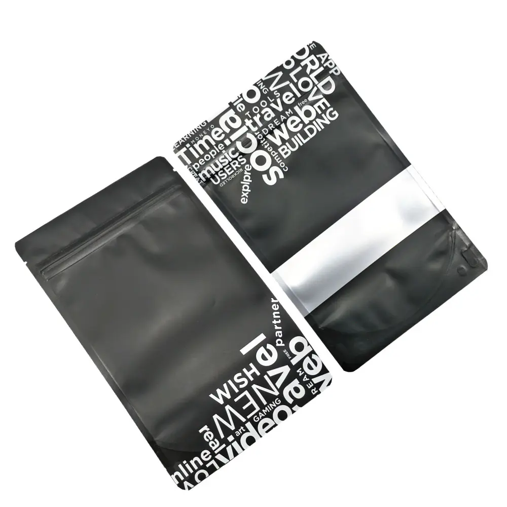 Custom Printed Matte Black Aluminum Foil Pouches Stand Up Packaging Bags Coffee Storage Mylar Zip Lock Pouch with Window