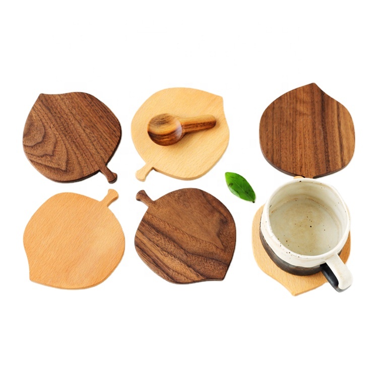 special design fashion leaf shape beech walnut wood coasters coffee tea cup drinking mats