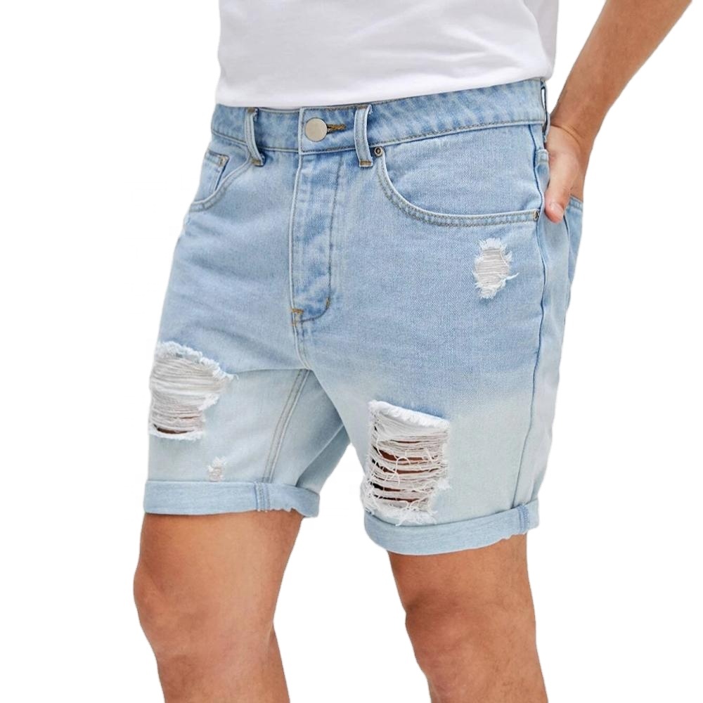 casual fashion men jeans denim shorts light blue ripped jeans men shorts