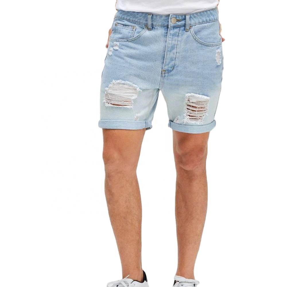 2020 Wholesale Fashion Jeans Light Blue Bleached Ripped Casual Men Denim Short
