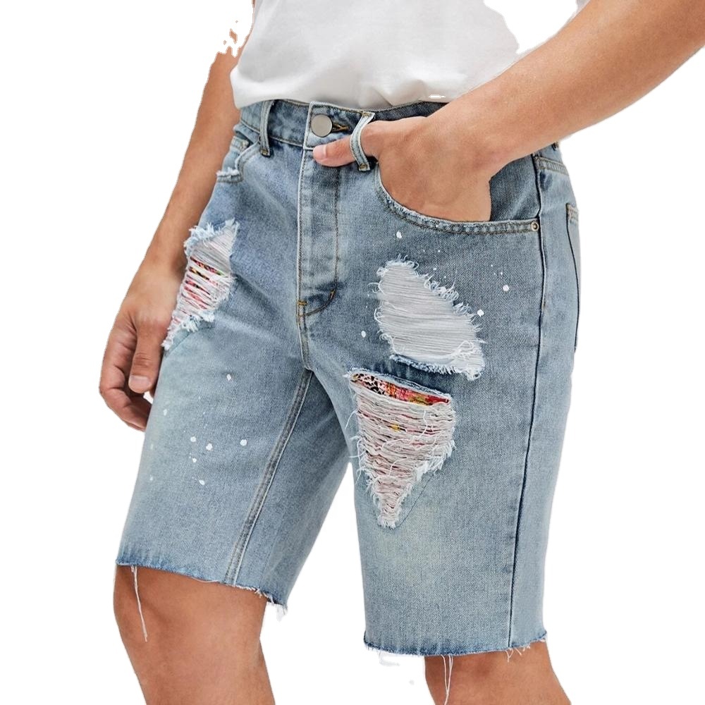 custom design men streetwear short jeans light blue ripped denim shorts men