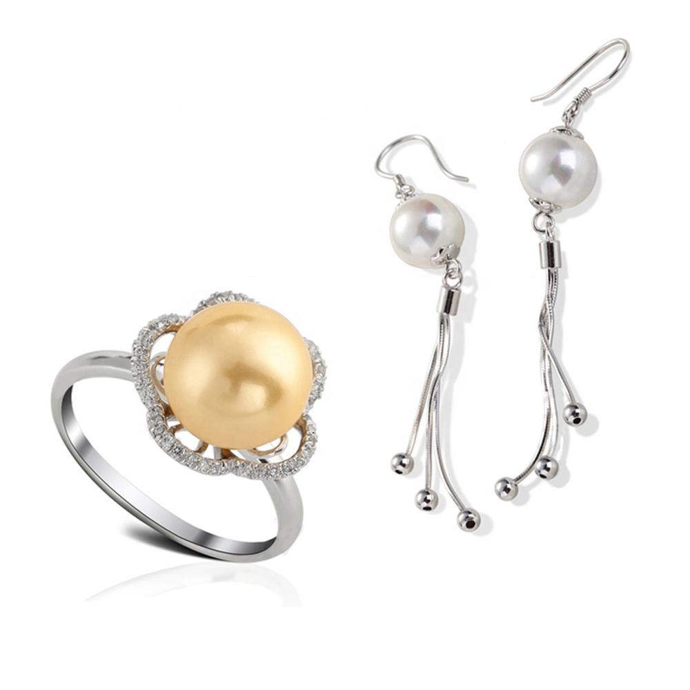925 Silver Fashion Flower Pearl Jewel Set Ring And Earrings