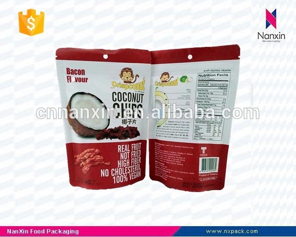 coconut chips packaging foil lined ziplock pouch with hanging hole