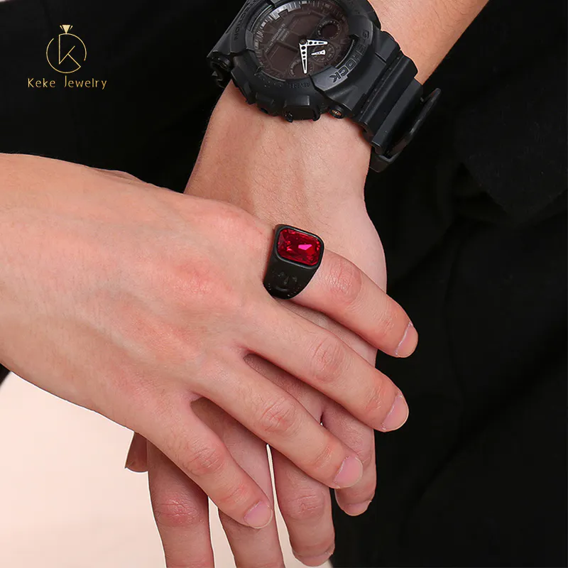 European and American fashion men's stainless steel red glass casting black ring RC440