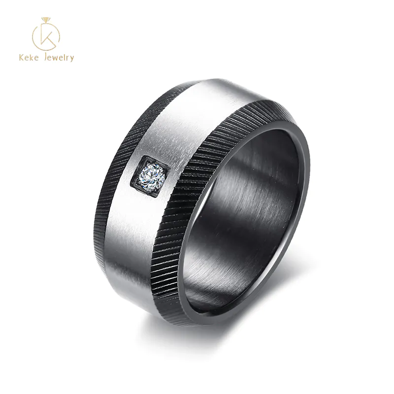 Supplier Wholesale 10MM stainless steel with single zircon black steel men's ring R-389
