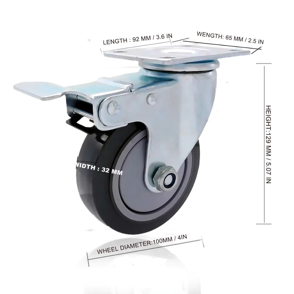 Swivel Top Plate Total Brake 75mm 100mm 125mm 3 4 5 inch PU Polyurethane Retractable Swivel Caster