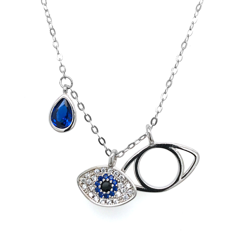 Hot Selling Hollow Design Blue Cz Evil Eyes Necklace 925 Sterling Silver
