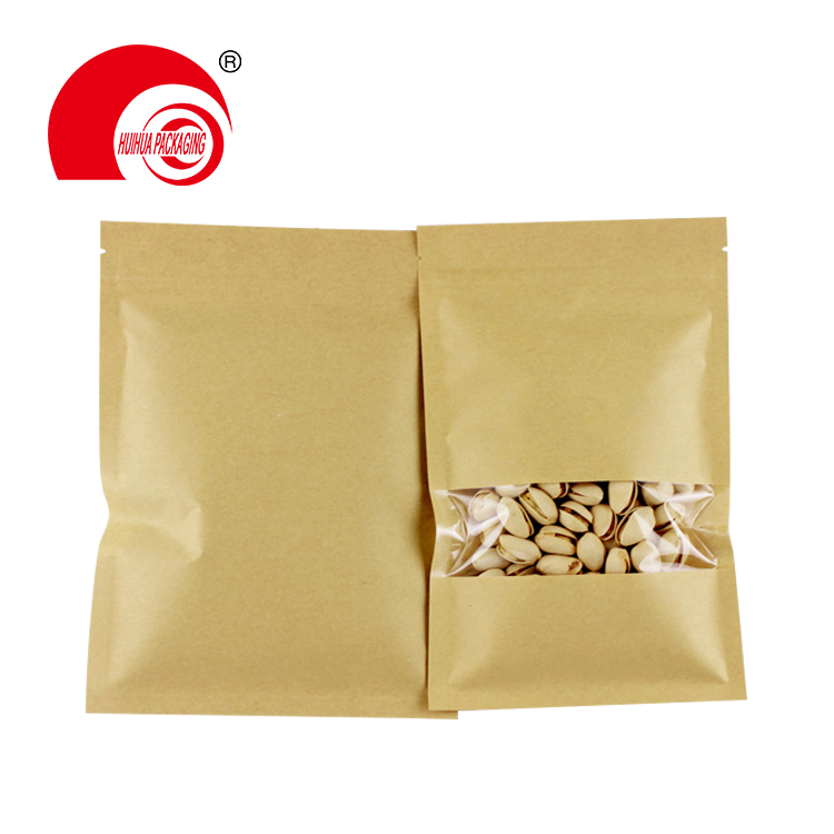 matt window type brown kraft paper bag aluminum foil inside zip lock stand up pouches for date nuts snacks packaging