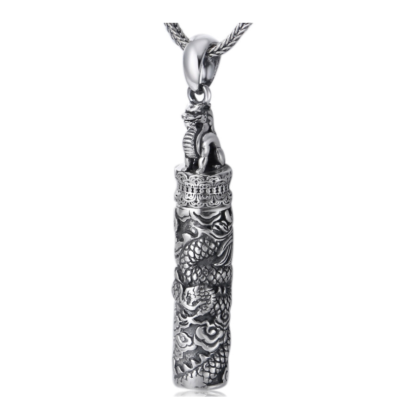 Delicate Detachable Cylinder Dragon Design Silver Mens Jewelry Necklace