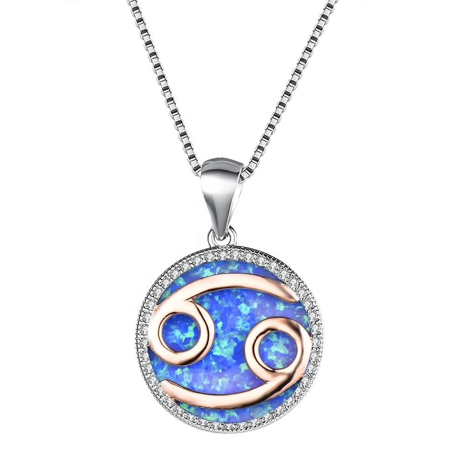 Beautiful Blue Opal Cancer Zodiac Brass Pendant Necklace