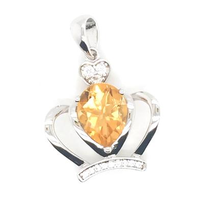 925 Sterling Silver King Crown Charm Pendant, Yellow Stone Crown Jewelry, Yellow Teardrop Topaz Pendant Crown Necklace
