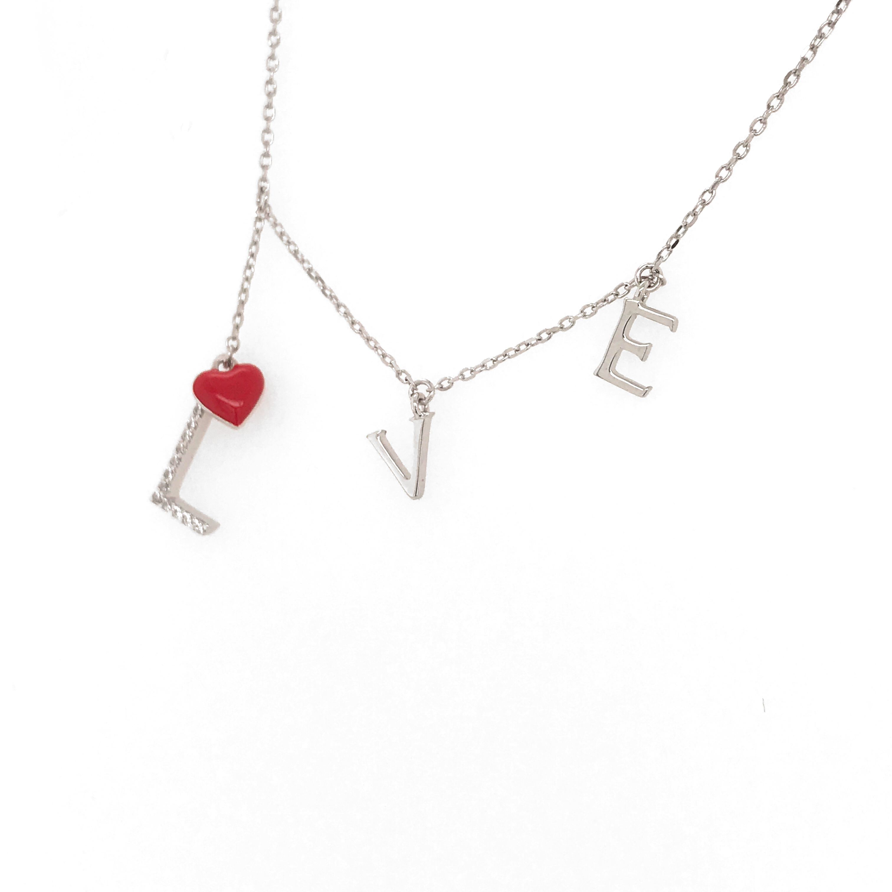 Cute Red Enamel Heart "LOVE" Letter Silver Chain Necklace Fashion Jewelry