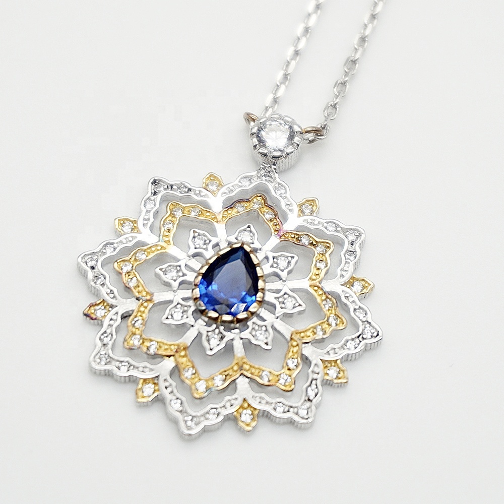 Custom Charm Blue Water Drop Gem Two-Color Plating Flower Pendant Necklace