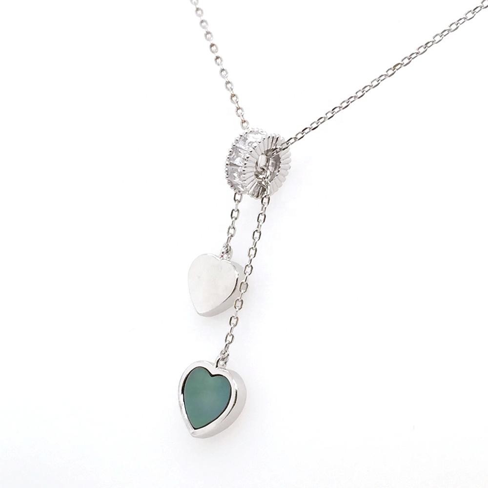 Stone Beads Slideable Two Shell Heart Design Silver Chain Necklace Jewelry